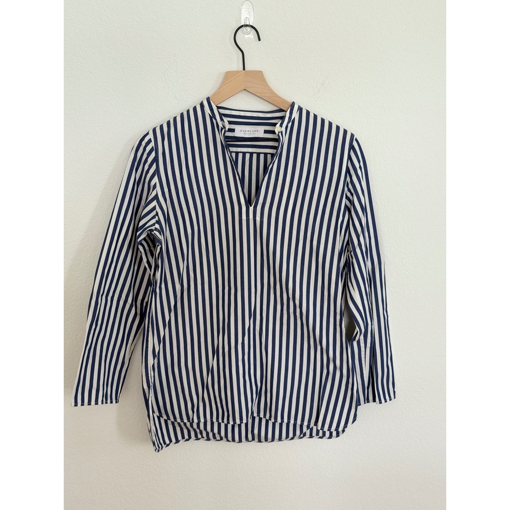Everlane Blue White Striped Popover Tunic Blouse Band Collar Size 6